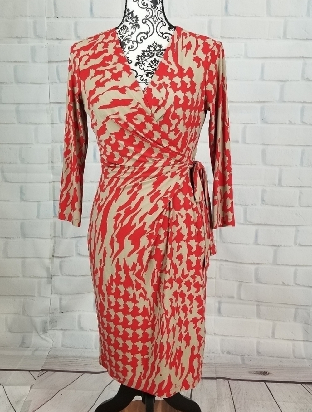 Nine West geo print stretch knit dress faux wrap b24